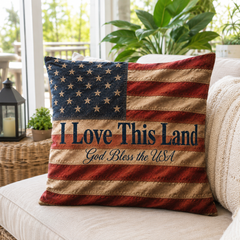 Patriotic Throw Pillow — "I Love This Land" American Flag Accent Pillow